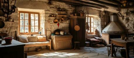 traditionell Dalmatiner Haus mit modern Stein und Holz Innere Design Reize Besucher foto