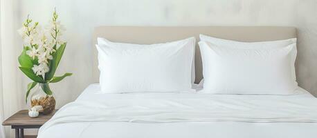 Weiß König Größe Bett mit Bettwäsche und Handtuch im Schlafzimmer zum Entspannung foto