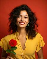 Porträt von ein schön Frau halten ein rot Blume gegen ein rot Hintergrund generativ ai foto