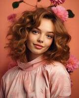 schön jung Frau mit lockig Haar posieren im Vorderseite von Rosa Blumen generativ ai foto