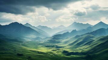 schön Berg Landschaft mit Grün Gras und Wolken im das Himmel generativ ai foto