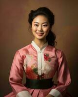 schön asiatisch Frau im traditionell Koreanisch Kleid generativ ai foto