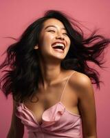 schön asiatisch Frau Lachen mit ihr Haar weht im das Wind generativ ai foto