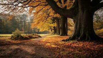 Herbst Landschaft mit Bäume und Pfad im das Hintergrund generativ ai foto