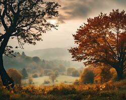 Herbst Landschaft mit Bäume und Nebel im das Hintergrund generativ ai foto