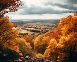 Herbst Landschaft mit Bäume und Wolken im das Hintergrund generativ ai foto