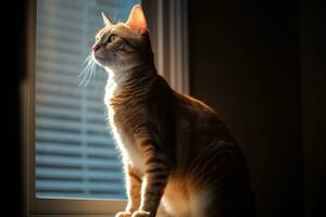 ein Orange Tabby Katze Sitzung auf ein Fenster Schwelle generativ ai foto