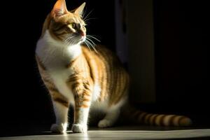 ein Orange und Weiß Katze ist Stehen im das Sonne generativ ai foto