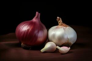 Schuss von Zwiebel und Knoblauch auf einfach Hintergrund foto