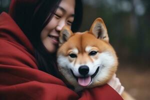 Porträt von Menschen umarmen Shiba inu Hund Haustier Konzept foto