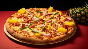 appetitlich hawaiisch Pizza, zusammengesetzt mit Schinken, gegrillt Huhn, Speck, Ananas, Grün Pfeffer, Zwiebeln, Gelb Soße, Mozzarella Käse, Ricotta, gerieben Parmesan wie Belag foto