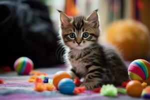 inländisch Tier Konzept. süß Kätzchen spielen mit seine Spielzeuge im Leben Zimmer. Kätzchen mit komisch sehen. foto