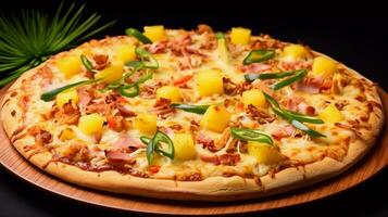 appetitlich hawaiisch Pizza, zusammengesetzt mit Schinken, gegrillt Huhn, Speck, Ananas, Grün Pfeffer, Zwiebeln, Gelb Soße, Mozzarella Käse, Ricotta, gerieben Parmesan wie Belag foto