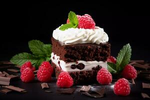 köstlich Schokolade Kuchen mit Himbeeren und Kräuter auf ein dunkel Tisch. Schokolade Kuchen. Hochzeit Nachtisch. Geburtstag Party. köstlich Nachtisch. traditionell amerikanisch Dessert foto