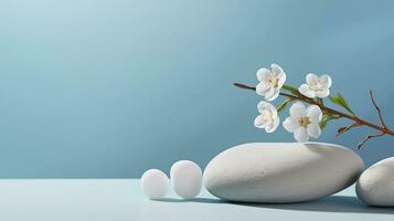 ein minimalistisch Szene von ein Lügen Stein mit Blumen auf ein Licht Blau Hintergrund. Vitrine zum das Präsentation von natürlich Produkte und Kosmetika. foto
