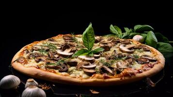 appetitlich Vegetarier Pizza, zusammengesetzt mit Kirsche Tomaten, Knoblauch Nelken, Tomate Püree, Basilikum Blätter, Ricotta, gerieben Parmesan, getrocknet Oregano, Pesto, Pilze wie Belag foto