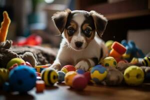 süß Hündchen spielen mit seine Spielzeuge im Leben Zimmer. Hündchen mit komisch sehen. foto