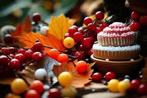 Cupcakes und Herbst Blätter auf ein hölzern Hintergrund. generativ ai. foto