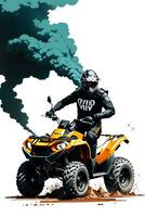 vierrädrig Motorrad Fahrer Rennen mit Tinte Stil Digital Gemälde auf skizzieren zum T-Shirt drucken foto