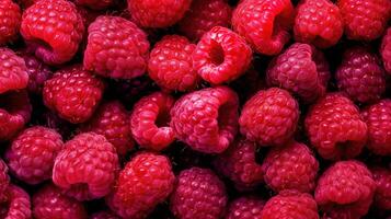 realistisch Foto von ein Bündel von Himbeeren. oben Aussicht Obst Landschaft. ai generiert