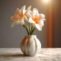 realistisch Foto von ein tropisch Blume Pflanze im ein Marmor Vase. mit natürlich Licht Zustand. ai generiert