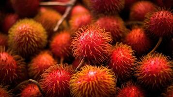 realistisch Foto von ein Bündel von Rambutans. oben Aussicht Obst Landschaft. ai generiert