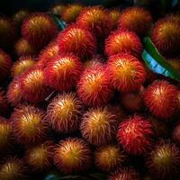 realistisch Foto von ein Bündel von Rambutans. oben Aussicht Obst Landschaft. ai generiert