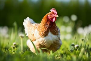 Schuss von Hähnchen auf Grün Feld foto