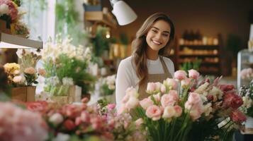 schön Mädchen Florist im Blume Geschäft foto