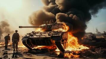 Militär- Weiß Männer auf ein verbrannt Panzer foto