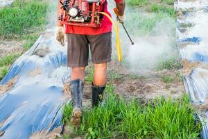 zurück Farmer Sprühen Pestizide oder Düngemittel foto