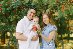 ein glücklich jung Familie mit ein süß wenig Sohn im das Sommer- im das Park foto