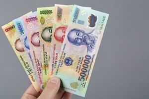 Vietnamesisch Geld im das Hand auf ein grau Hintergrund foto