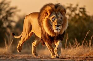 Erwachsene männlich Löwe Laufen im das afrikanisch Savanne während das golden Stunde von das Tag. ai generiert foto