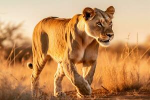 Löwin im das afrikanisch Savanne während das golden Stunde von das Tag. ai generiert foto