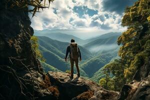 abenteuerlich Mann Stehen auf Felsen Stein mit Natur Aussicht beim hell Tag ai generativ foto