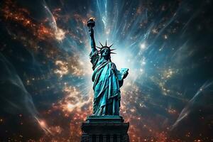 Statue von Freiheit im Neu York gesehen durch das Hubble Raum Teleskop mit Galaxis ai generativ foto