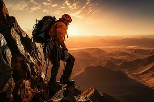 Mann Klettern auf ein felsig Cliff mit Seil und Sicherheit Ausrüstung beim Sonnenaufgang ai generativ foto