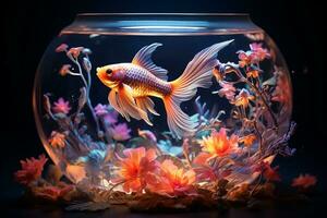 generativ ai Bild von schön dekorativ Fisch Schwimmen auf Fisch Schüssel mit Rosa Blumen foto