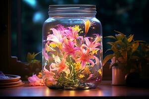 generativ ai Bild von schön Rosa Lilie Blumen auf Krug mit Neon- Beleuchtung foto