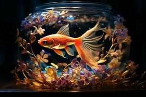 generativ ai Bild von schön dekorativ Fisch Schwimmen auf Fisch Schüssel mit Blumen foto