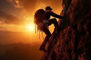 Mann Klettern auf ein felsig Cliff mit Seil Sicherheit Ausrüstung beim Sonnenaufgang ai generativ foto