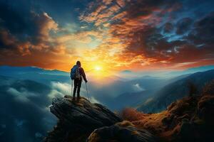Bergsteiger Stehen auf das oben von ein Hügel mit Berg Landschaft beim golden Sonnenaufgang ai generativ foto
