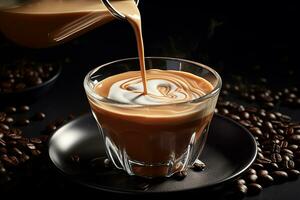Kaffee mit Milch Mischung ist gegossen in ein klein Glas mit schwarz Kaffee Bohnen ai generativ foto