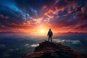 Bergsteiger Stehen auf das oben von ein Hügel mit Berg Landschaft beim Sonnenaufgang ai generativ foto
