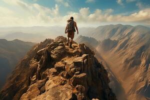 abenteuerlich Mann tragen Rucksack Gehen auf das oben von ein Cliff beim hell Tag ai generativ foto