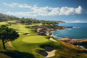 schön Golf Kurs mit Sand Bunker mit Blau Himmel. erstellt mit generativ ai Technologie. foto