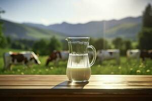 Glas Krug mit frisch Milch auf ein hölzern Tisch. ai generiert foto