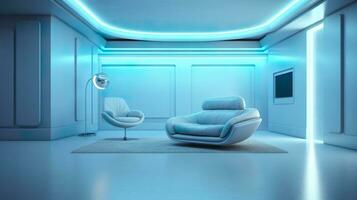 leeren Mauer im ein futuristisch sci fi Leben Zimmer mit Licht Gelb, Licht cyan, und Licht Blau Neon. ai generativ foto