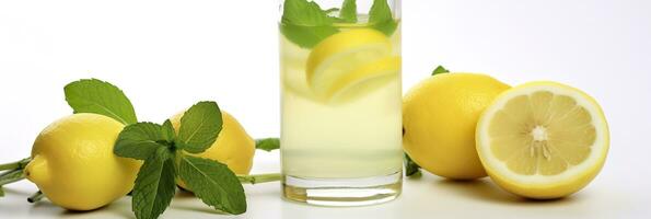 Limonade im ein Glas mit frisch Zitronen und Minze. kalt Sommer- trinken mit Kopieren Raum. generativ ai foto